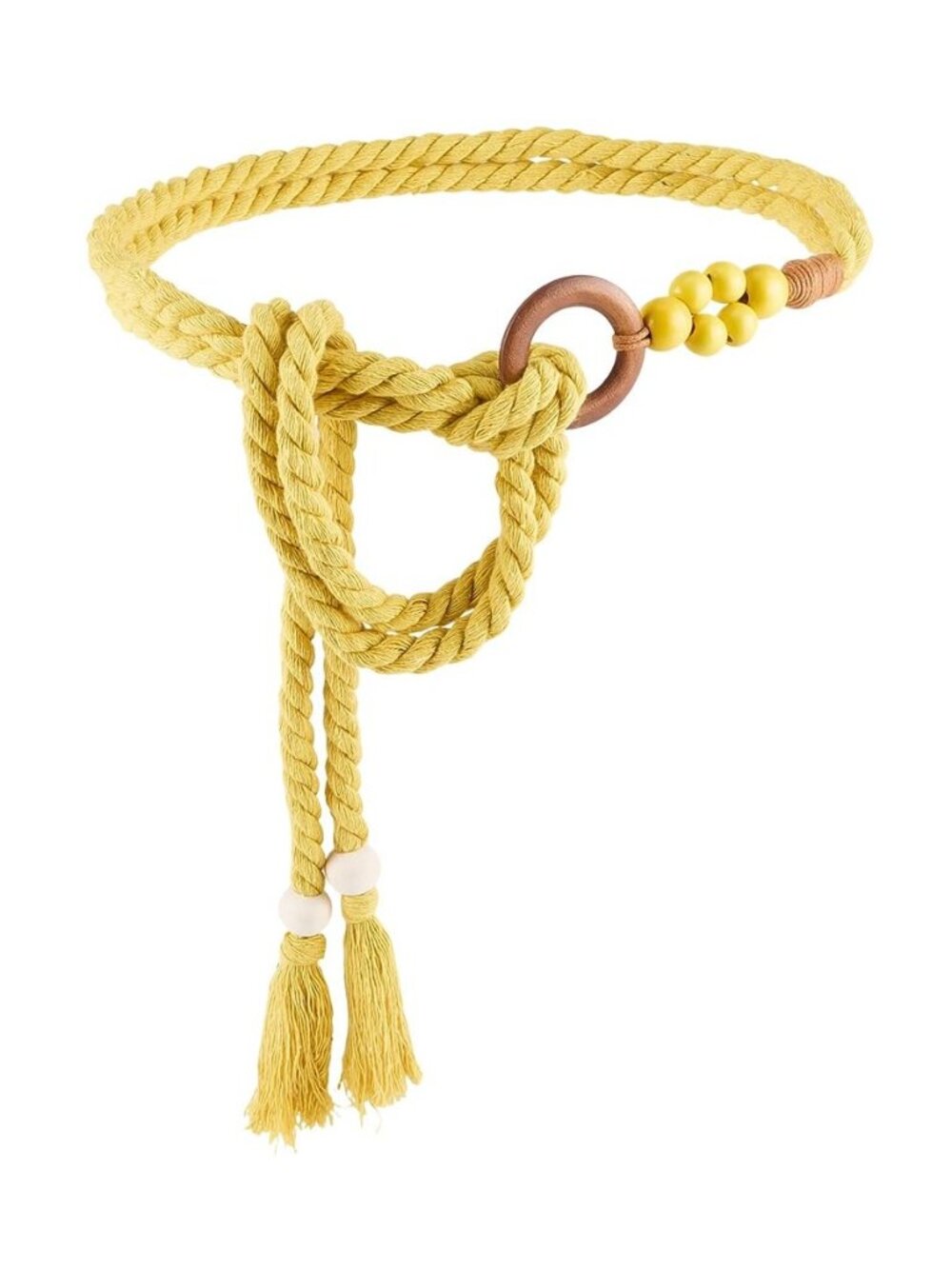Boho Tassel Braided Waist Belt Rope Yellow Cotton Handmade Weaving Bead Ring